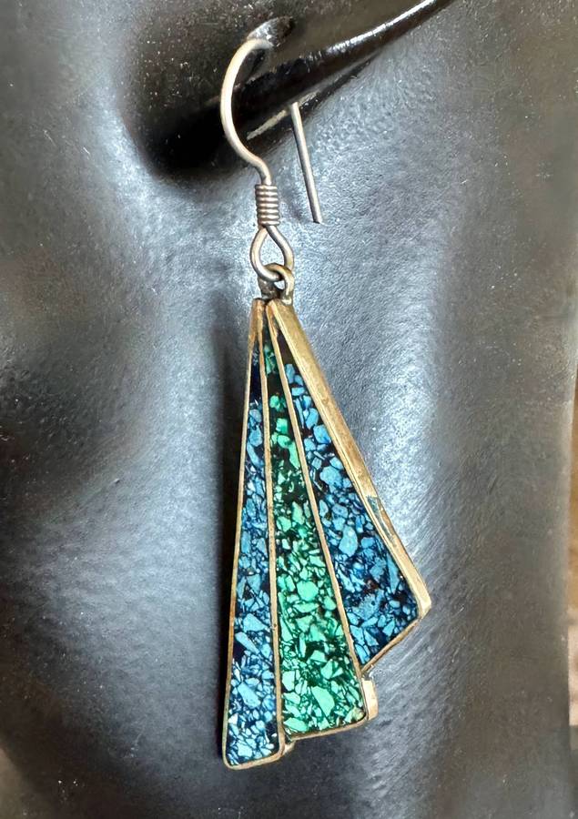VINTAGE TURQUOISE INLAY STERLING SILVER DROP N DANGLE EARRINGS FROM MEXICO
