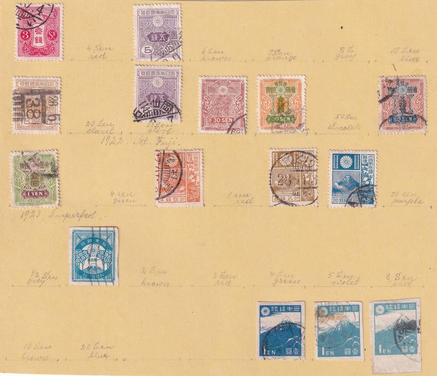 Japan 1875> part sets, used on 11 scans, some stamps adhered to pages)