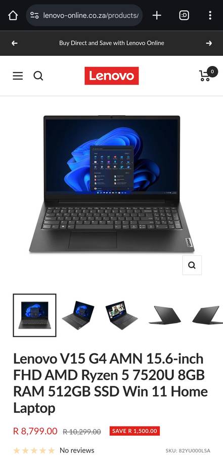 Lenovo V15 G4 AMN 15.6-inch FHD Laptop - AMD Ryzen 5 7520U 512GB SSD 8GB RAM Win 11 Home