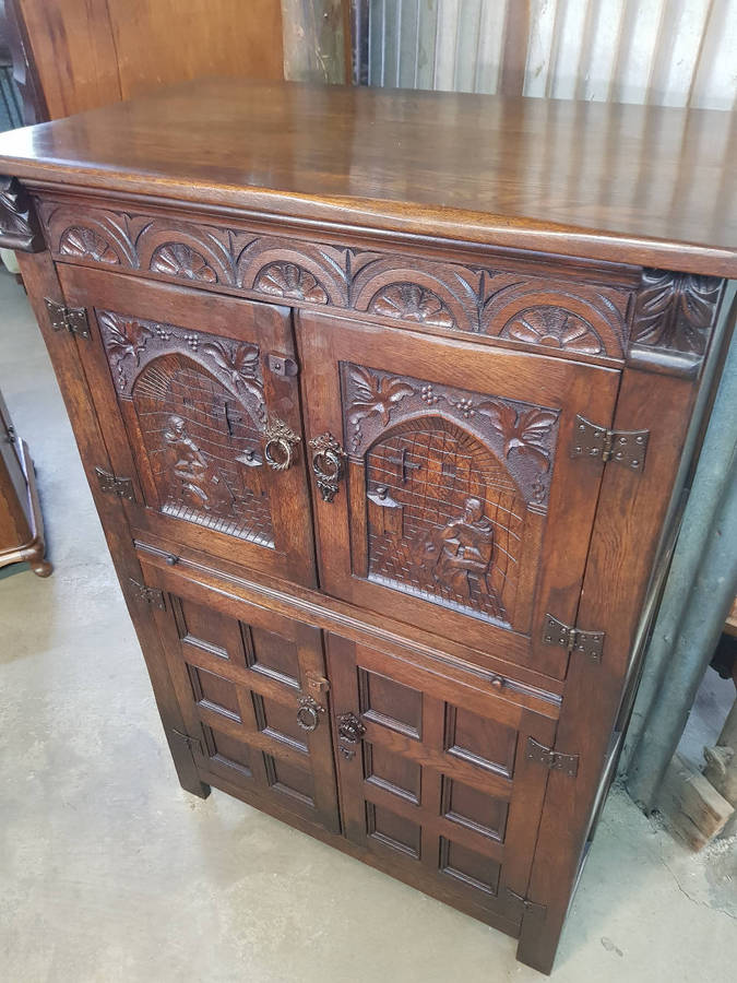 Antique Solid Oak Drinks Cupboard with Hand-Carved Panels & Serving Shelf.
