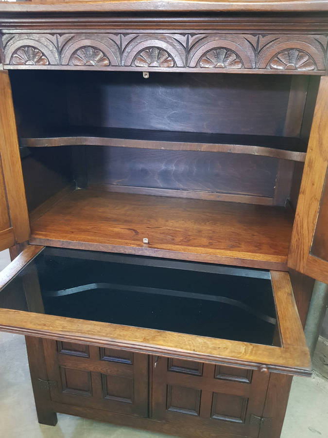 Antique Solid Oak Drinks Cupboard with Hand-Carved Panels & Serving Shelf.