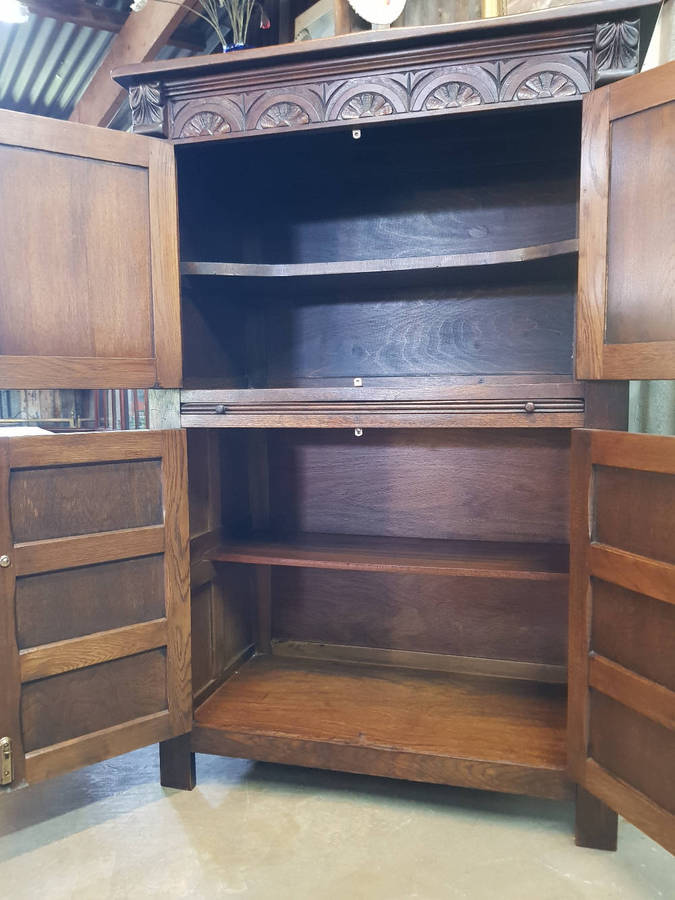 Antique Solid Oak Drinks Cupboard with Hand-Carved Panels & Serving Shelf.