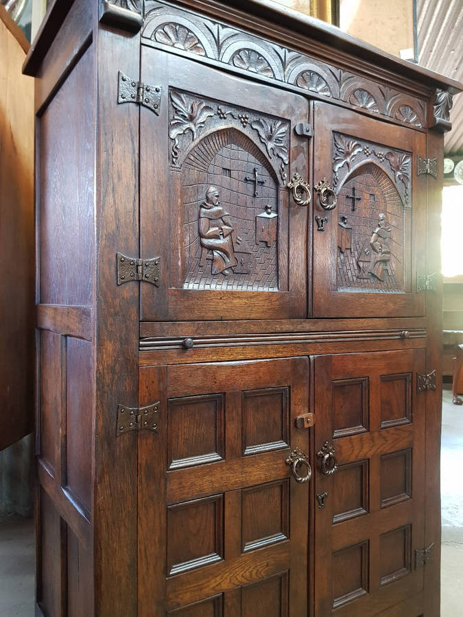 Antique Solid Oak Drinks Cupboard with Hand-Carved Panels & Serving Shelf.