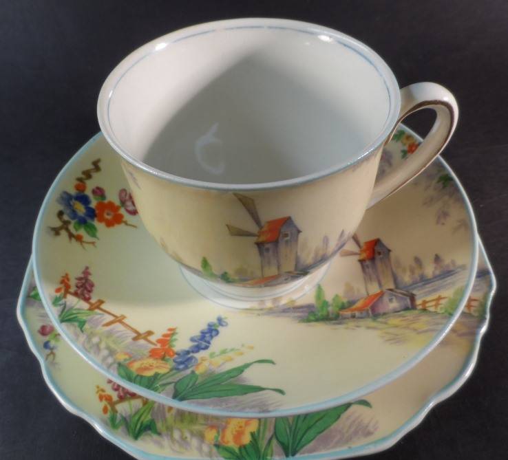 GRINDLEY TUNSTALL PORCELAIN TEA / COFFEE TRIOS  ' THE OLD MILL '