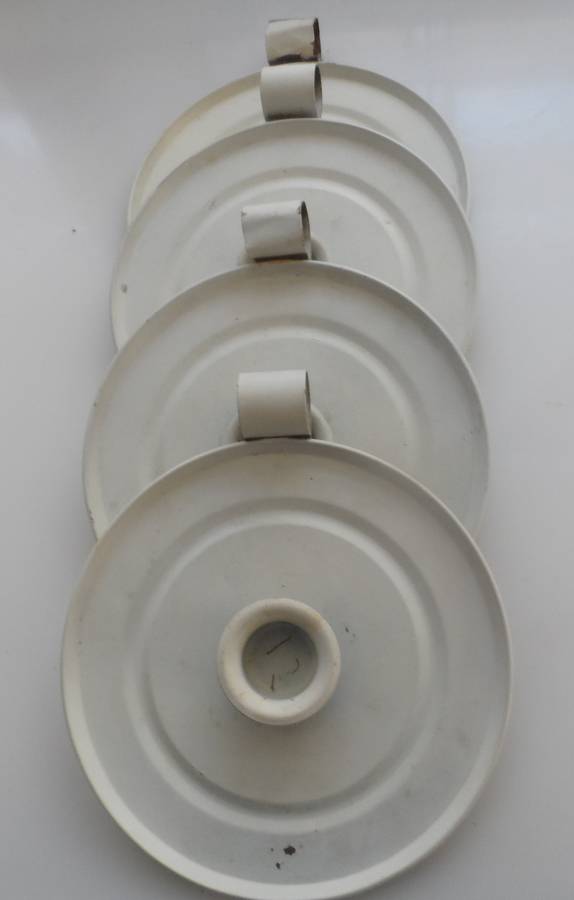 CANDLE STICK HOLDERS - VINTAGE SET OF FOUR , PRESSED TIN  , WHITE