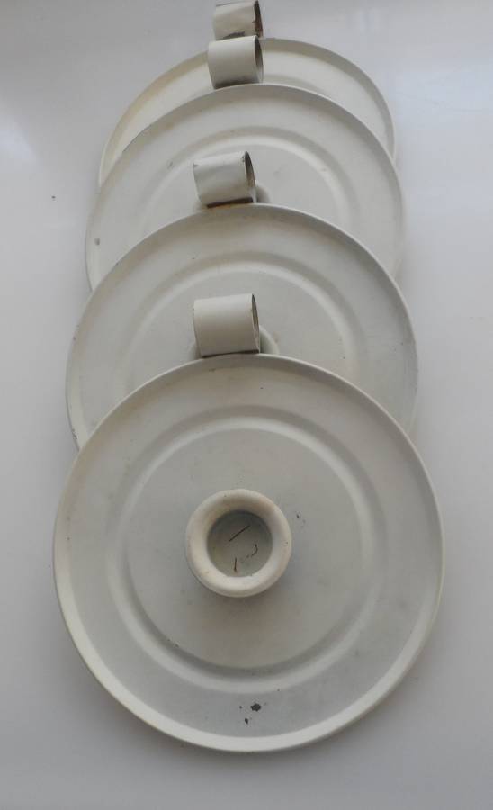 CANDLE STICK HOLDERS - VINTAGE SET OF FOUR , PRESSED TIN  , WHITE