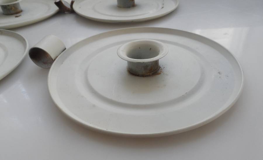CANDLE STICK HOLDERS - VINTAGE SET OF FOUR , PRESSED TIN  , WHITE