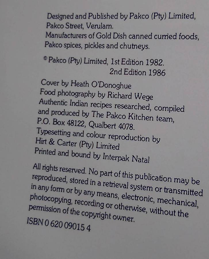 "Pakco Imdian Cookbook"  Hard cover.
