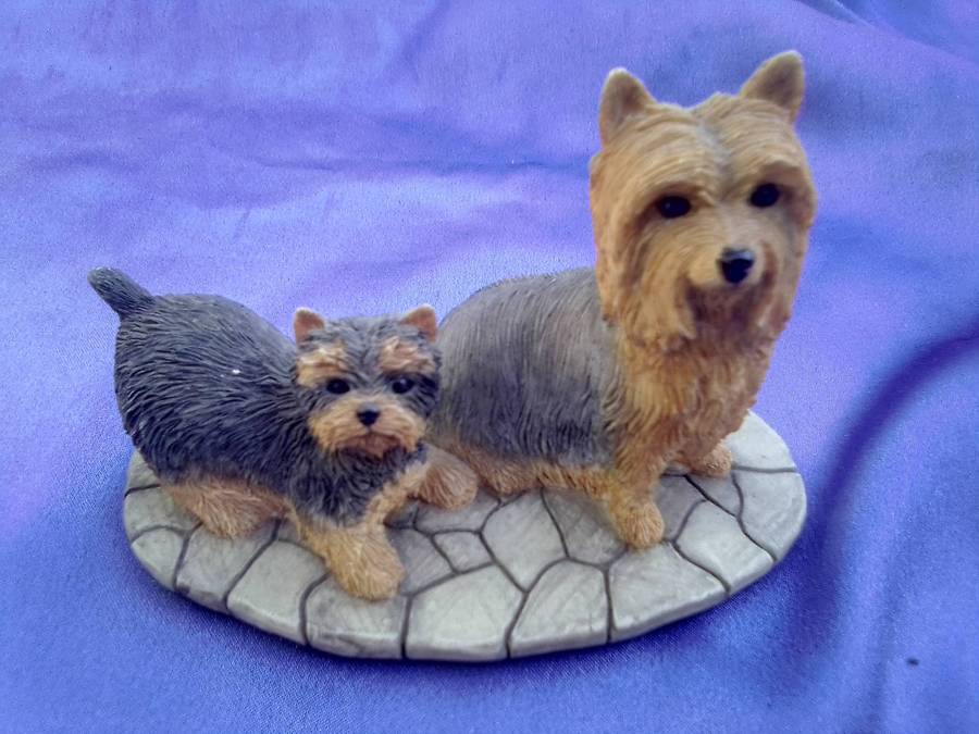 Yorkshire Terrier with puppy. Small  dogs figurine.