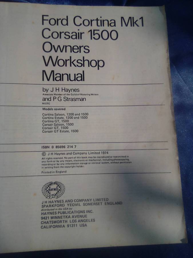 "Ford Cortina Mk I & Corsair 1500.  Owner's Workshop Manual". Hard cover.