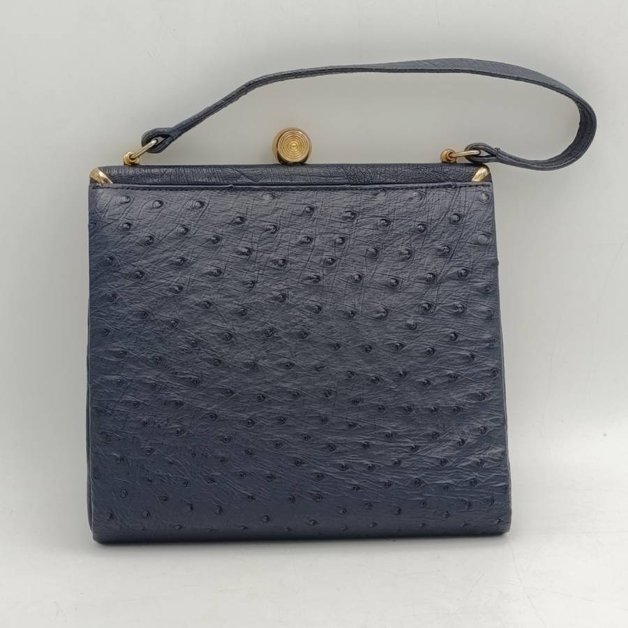 CorBeau Curio vintage navy blue ostrich handbag, unopened mirror with purse