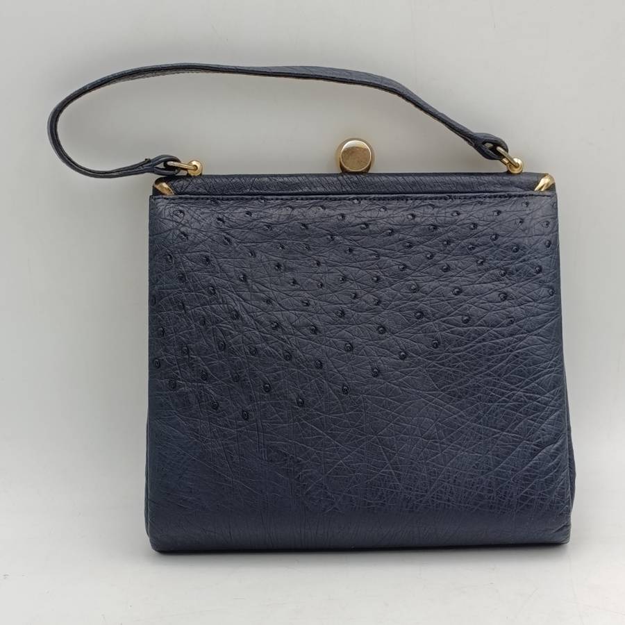 CorBeau Curio vintage navy blue ostrich handbag, unopened mirror with purse