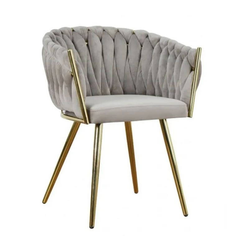 Modern Velvet Dining Room Chair with Woven Back and Gold Metal Legs - Grey