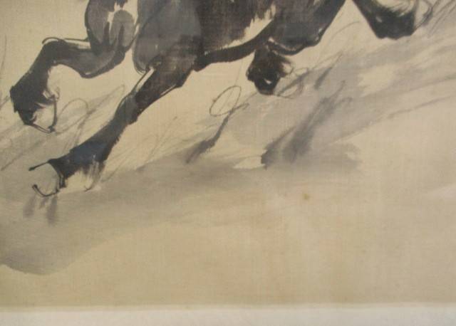 Vintage original Chinese black ink horse painting on silk - signed
