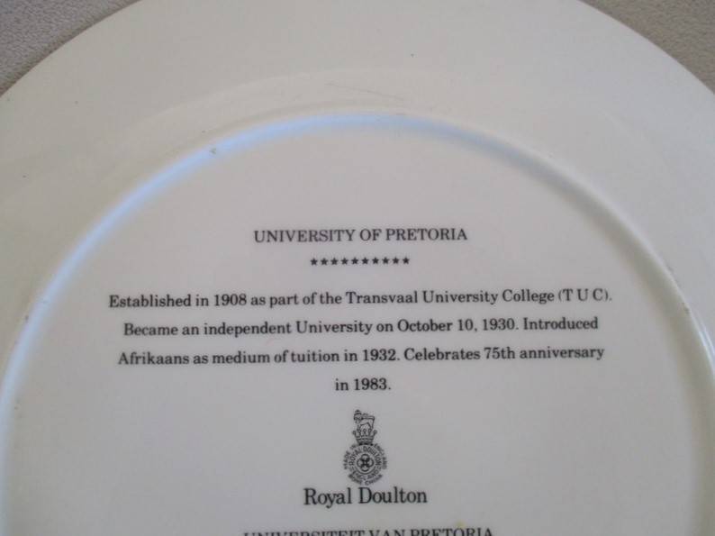 Vintage 1983 Royal Doulton plate commemorating 75th anniversary of Pretoria University