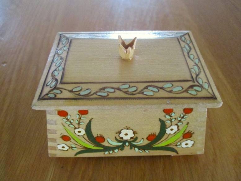Decorative small vintage hand painted wooden box made in Witney, England