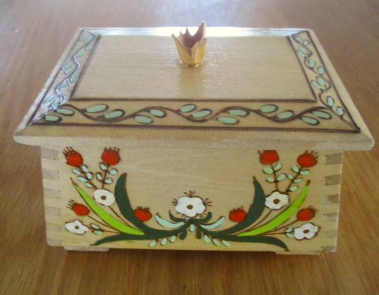 Decorative small vintage hand painted wooden box made in Witney, England