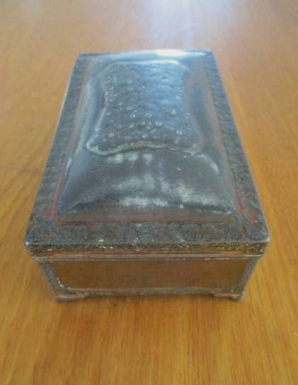A very old metal oriental? cigar/ cigarette box with wooden interior - loads of character - signed