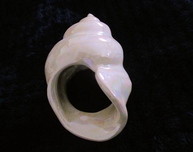 A  set of twelve pearlescent porcelain serviette rings with clam shaped salt and pepper cellars