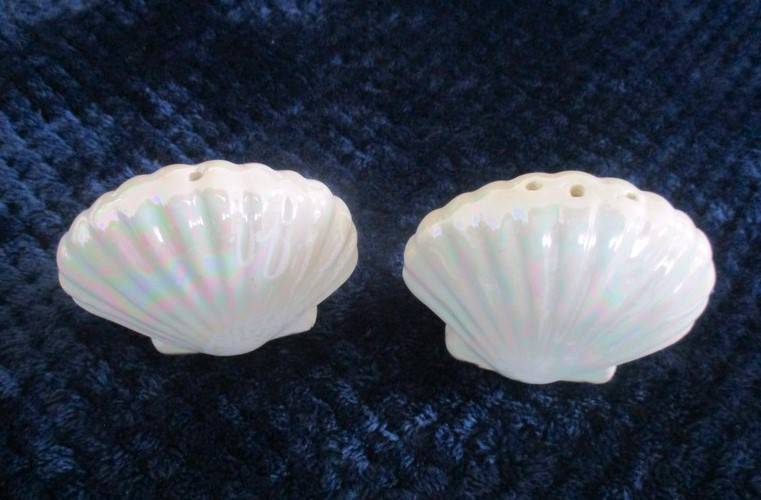 A  set of twelve pearlescent porcelain serviette rings with clam shaped salt and pepper cellars