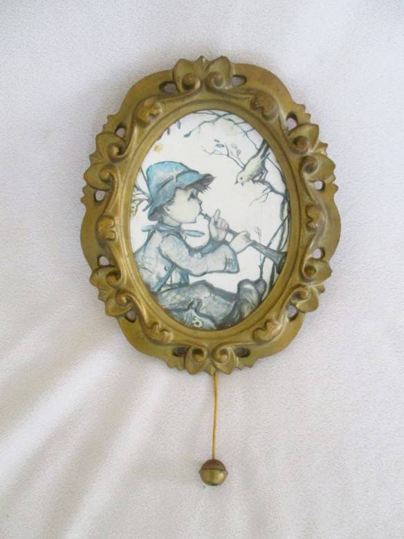 Vintage Hummel musical pull string frame playing Mozart's Wiegenlied - Boy playing flute