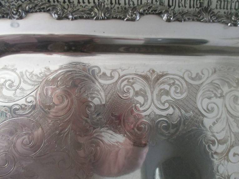 Large, vintage Marlboro, Canada Old English Reproduction footed silver plated serving tray