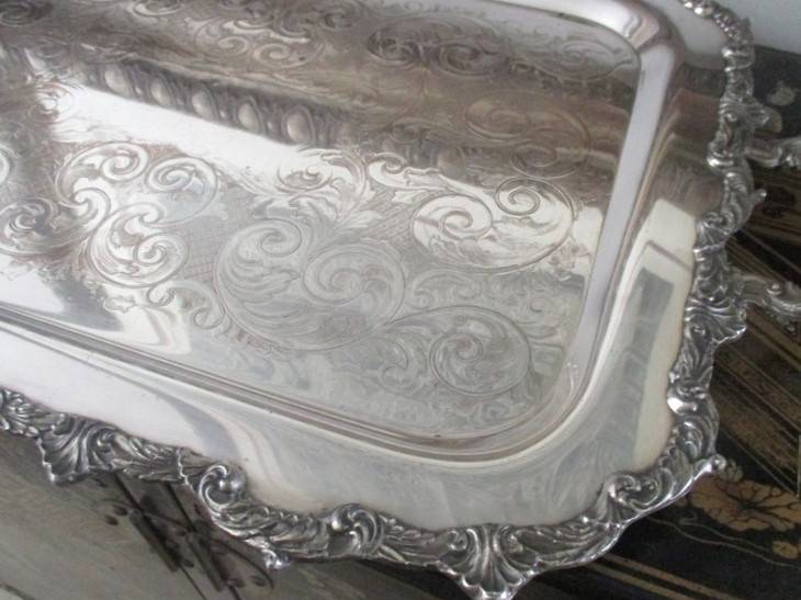 Large, vintage Marlboro, Canada Old English Reproduction footed silver plated serving tray