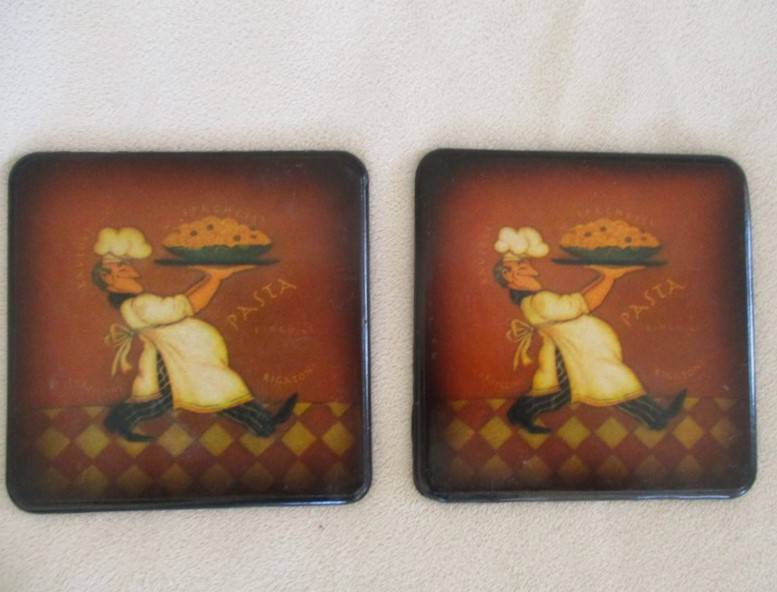 A set of six charming Chef coasters in holder