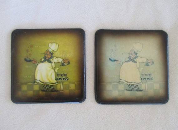 A set of six charming Chef coasters in holder