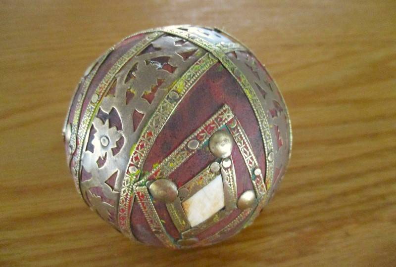 Three heavy vintage Middle Eastern bone and brass inlaid balls - very decorative
