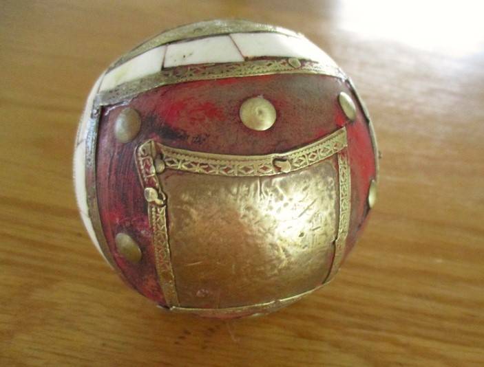 Three heavy vintage Middle Eastern bone and brass inlaid balls - very decorative