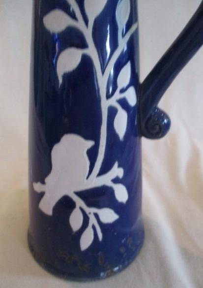 Large, unique purposefully antique-looking ceramic jug vase made to resemble aged enamel