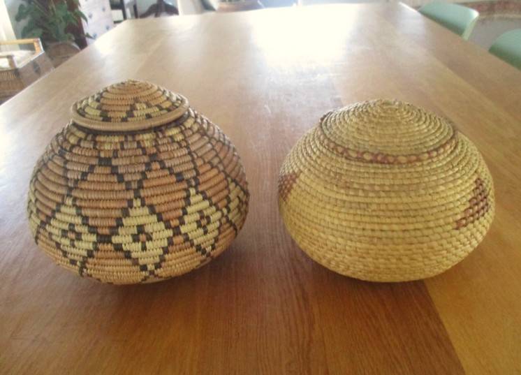 Two vintage, expertly woven lidded snake charmer's baskets in great condition