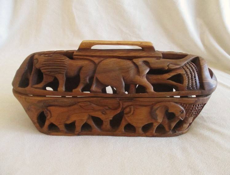 Vintage African Bread Box - intricately hand carved out of a single piece of wood