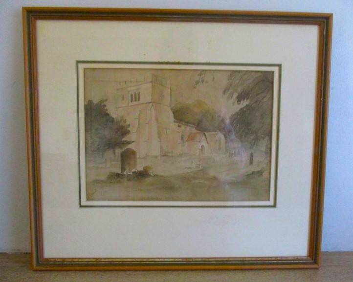 Antique 1843 original watercolour painting John Connell Ogle (1813-1877) - Willesden Church, England