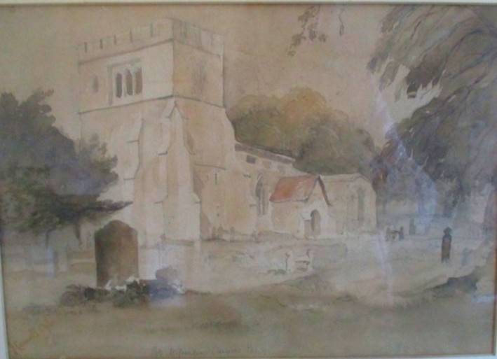 Antique 1843 original watercolour painting John Connell Ogle (1813-1877) - Willesden Church, England