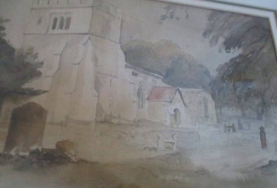 Antique 1843 original watercolour painting John Connell Ogle (1813-1877) - Willesden Church, England