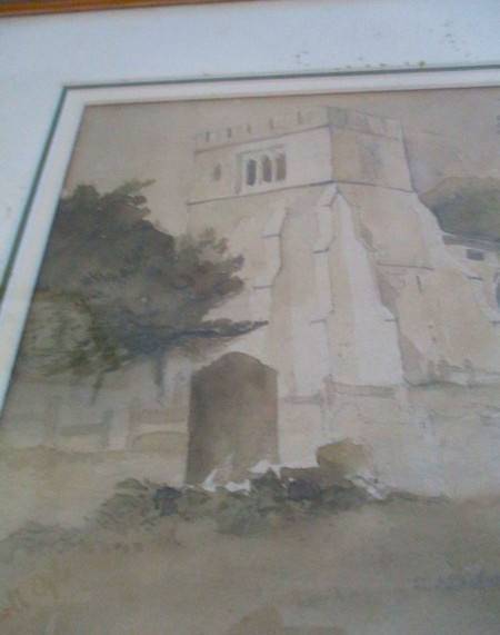 Antique 1843 original watercolour painting John Connell Ogle (1813-1877) - Willesden Church, England