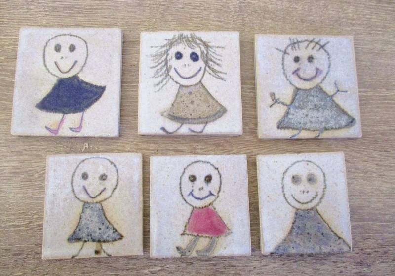 Six quirky, child like hand made miniature tiles - such a happy lot!