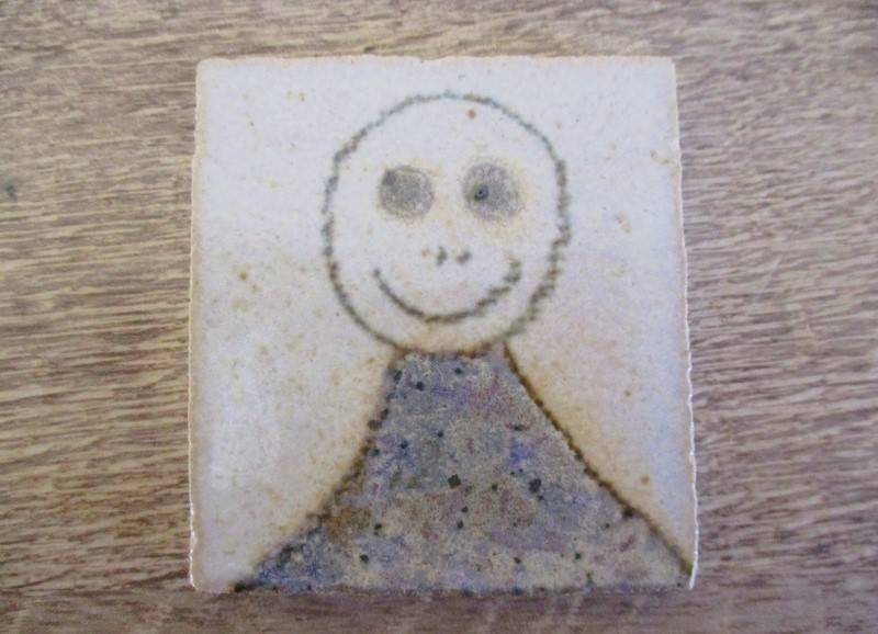 Six quirky, child like hand made miniature tiles - such a happy lot!