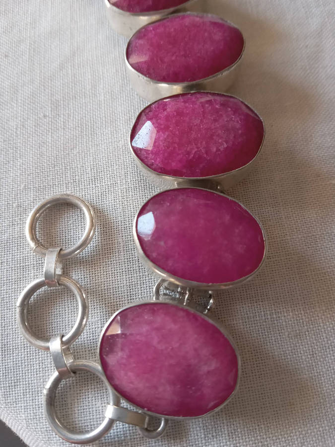 Genuine Ruby Quartz Gemstone Bracelet Set in Sterling Silver Over Copper