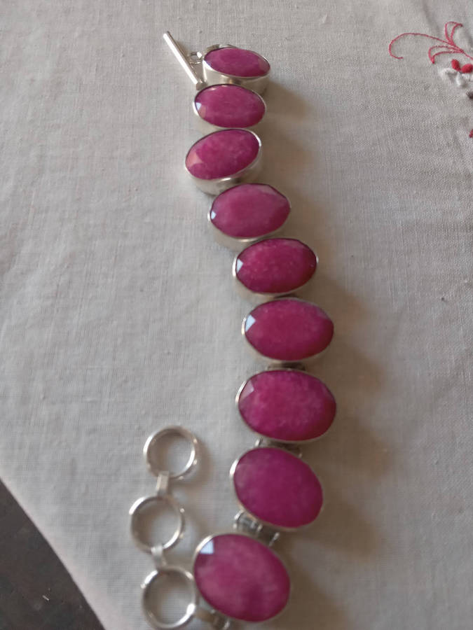 Genuine Ruby Quartz Gemstone Bracelet Set in Sterling Silver Over Copper