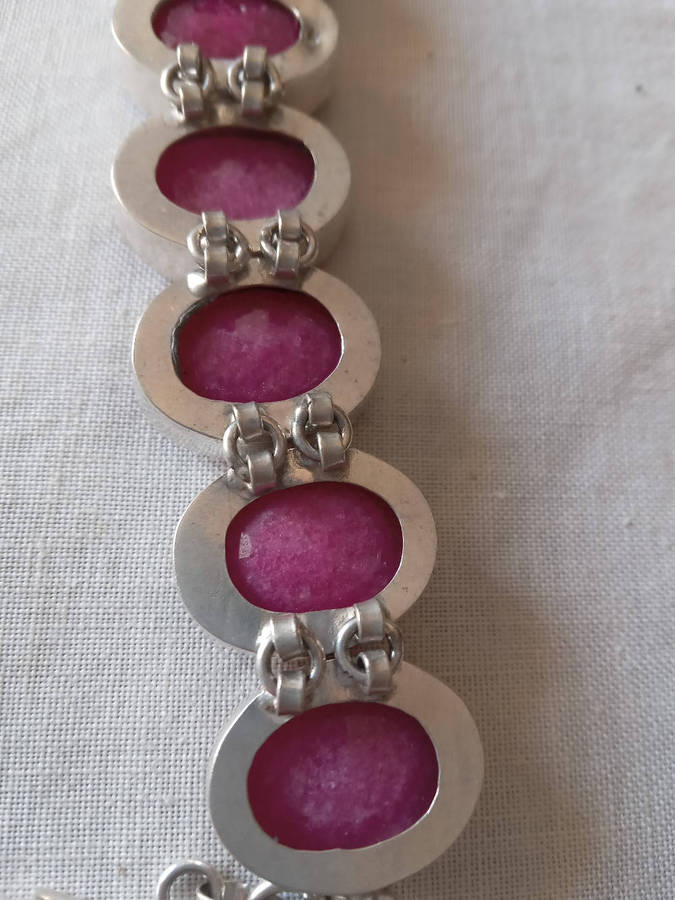 Genuine Ruby Quartz Gemstone Bracelet Set in Sterling Silver Over Copper