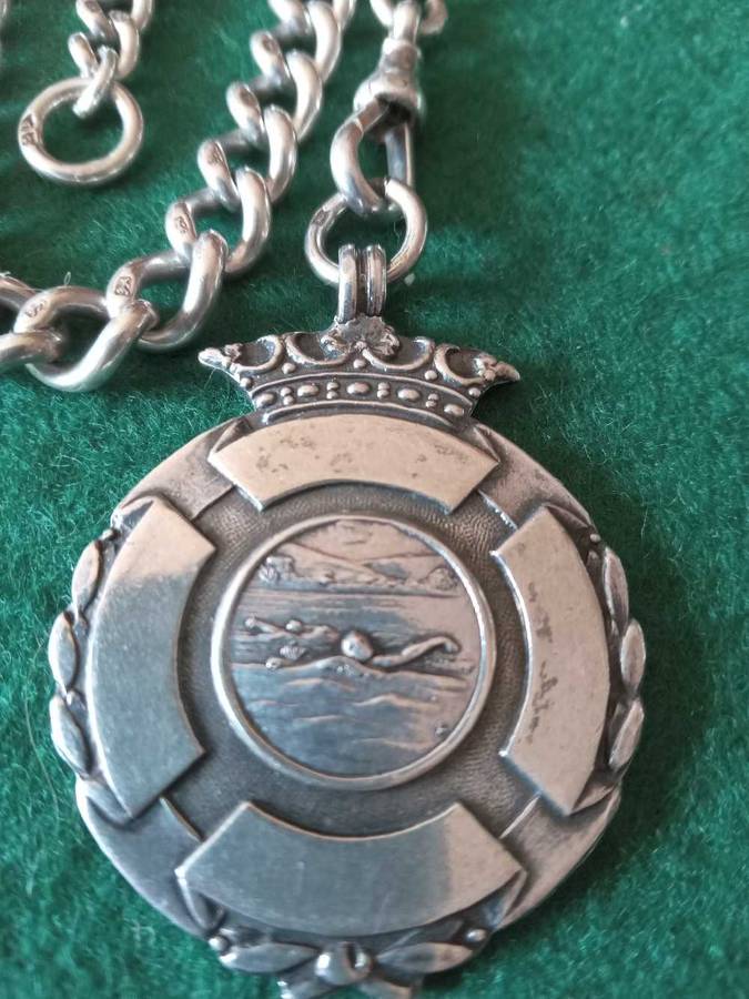 Antique Silver Fob Watch Chain With Medal And T-Bar