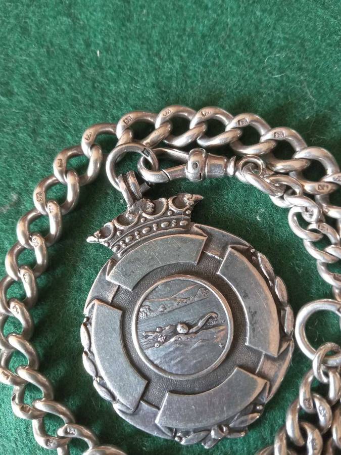 Antique Silver Fob Watch Chain With Medal And T-Bar