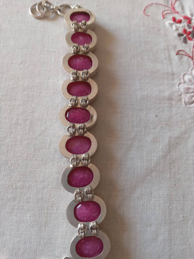 Genuine Ruby Quartz Gemstone Bracelet Set in Sterling Silver Over Copper