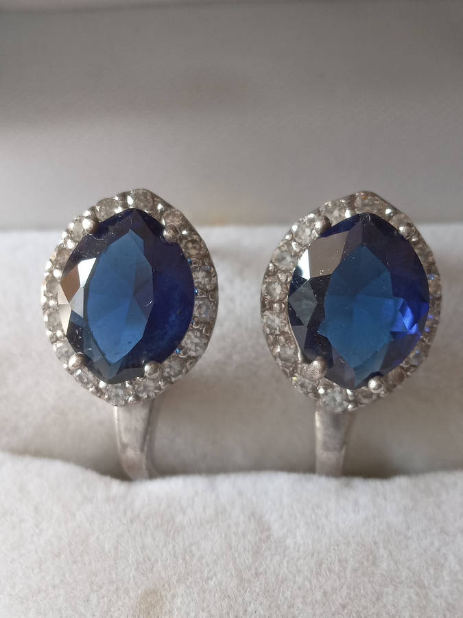 A Pair Of Sterling Silver Blue And White Cz Earrings