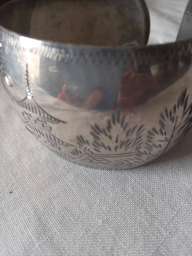 Rare Vintage Sterling Silver Etched Chinese Cuff Bangle