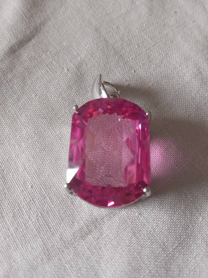 Large Checkerboard Cut Sparkling Vivid Pink Lab Created Spinel Pendant