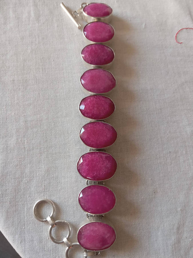 Genuine Ruby Quartz Gemstone Bracelet Set in Sterling Silver Over Copper